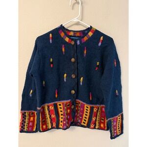 Newari Icelandic Design Handcrafted Wool Cardigan Navy Blue Embroidered SM